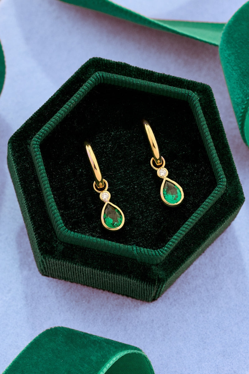 Emerald green and gold Sofia teardrop hoop earrings by Amelia Scott featuring elegant teardrop-shaped design and polished finish.