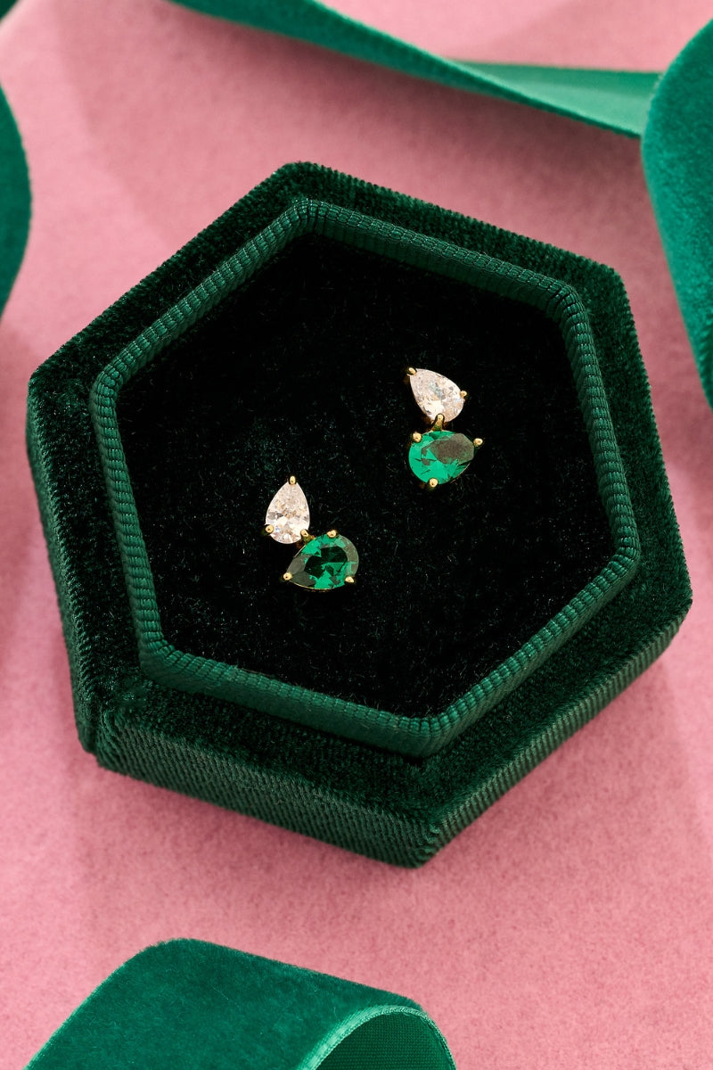 Emerald green and gold Sofia teardrop stud earrings by Amelia Scott, featuring elegant teardrop shape with intricate gold accents.