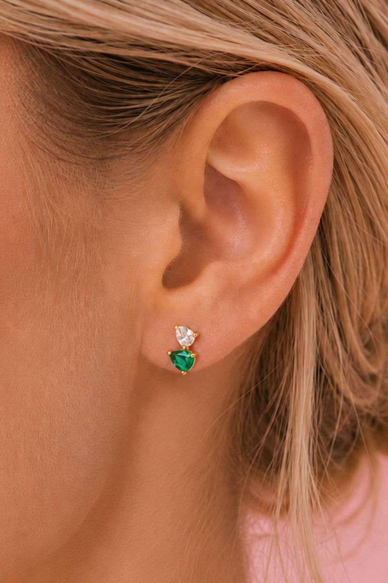 Emerald green and gold Sofia teardrop stud earrings by Amelia Scott featuring elegant teardrop shape and intricate gold accents.