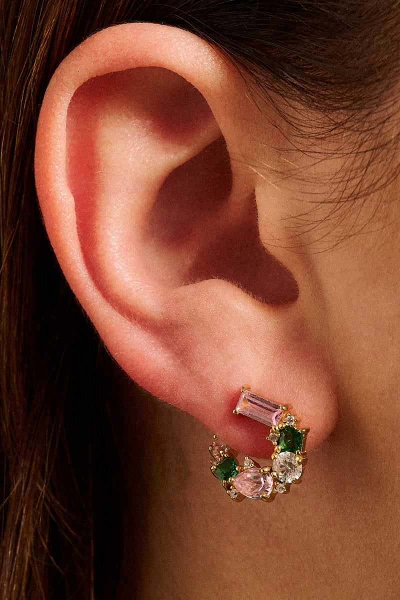 Gold and flamingo-shaped cluster sideways hoop earrings with CZ accents by Amelia Scott.
