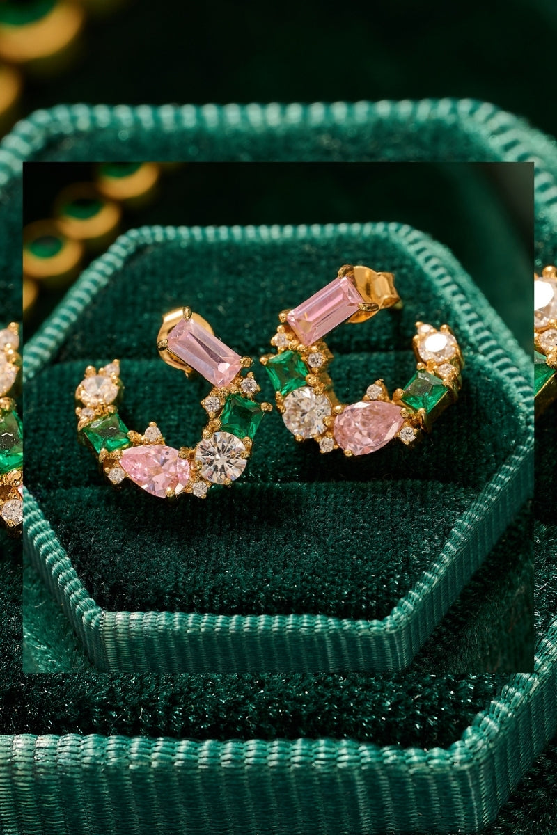Amelia Scott Lottie Cluster Sideways Hoops earrings with flamingo CZ stones and gold finish, featuring a stylish, modern design