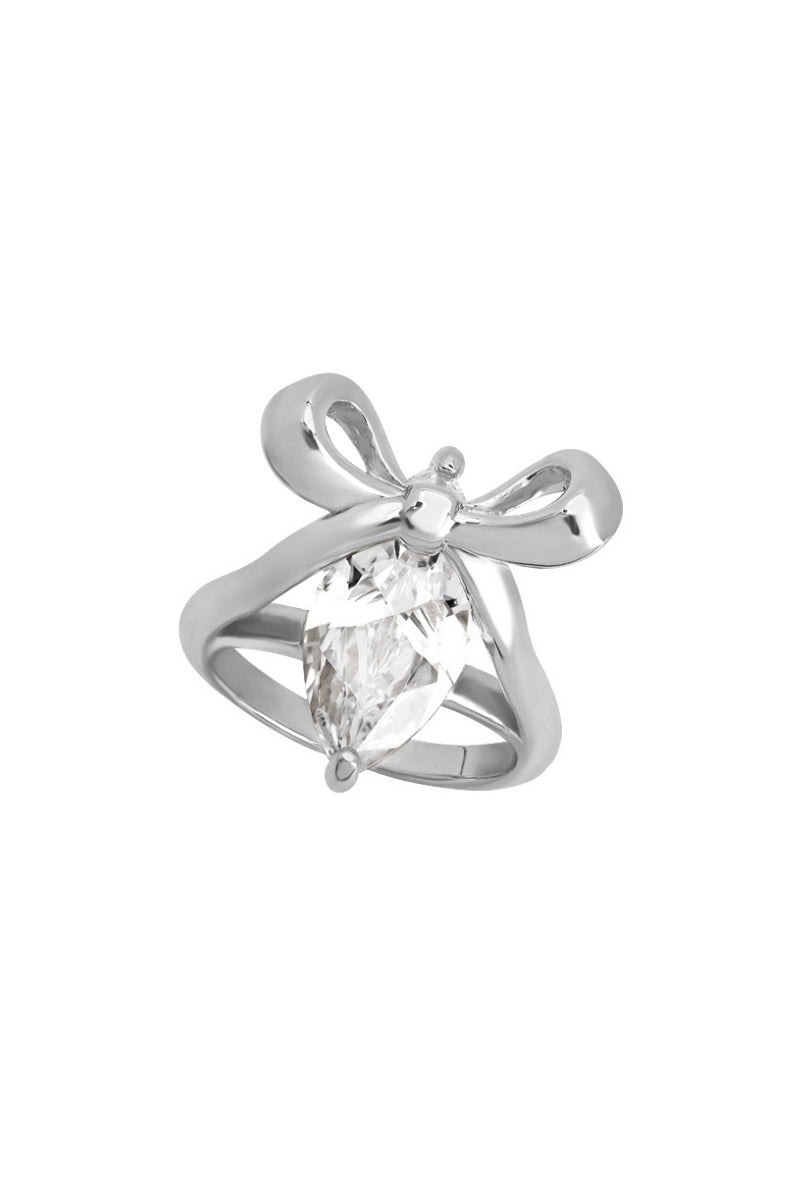 Silver Amelia Scott bow ring with clear CZ stones, featuring a delicate bow design and shiny silver band.