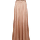 Light beige ASIM silk maxi skirt by Mastani displayed on a neutral background, showcasing its flowing fabric and elegant design.