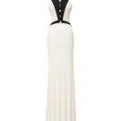 Jenny K Tran Aster gown in ivory and black, elegant evening dress with flowing fabric and stylish design.