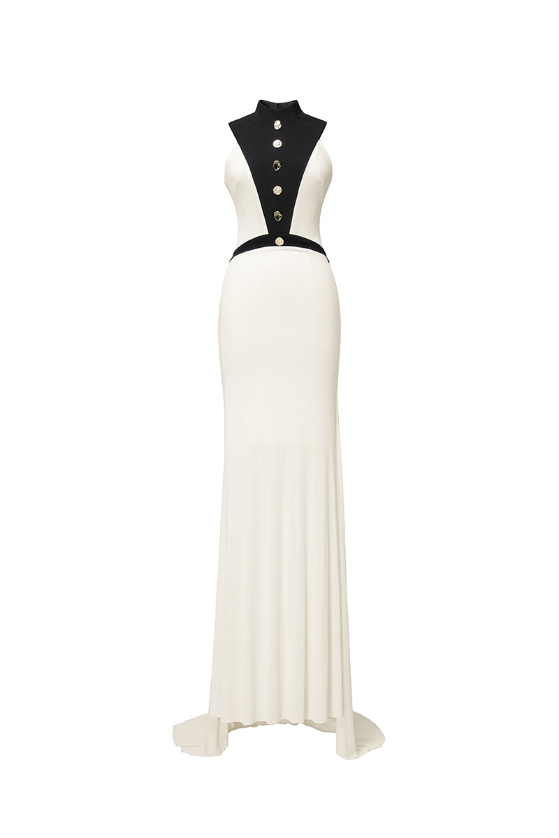 Jenny K Tran Aster gown in ivory and black, elegant evening dress with flowing fabric and stylish design.