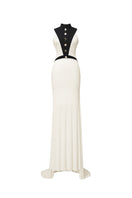 Jenny K Tran Aster gown in ivory and black, elegant evening dress with flowing fabric and stylish design.