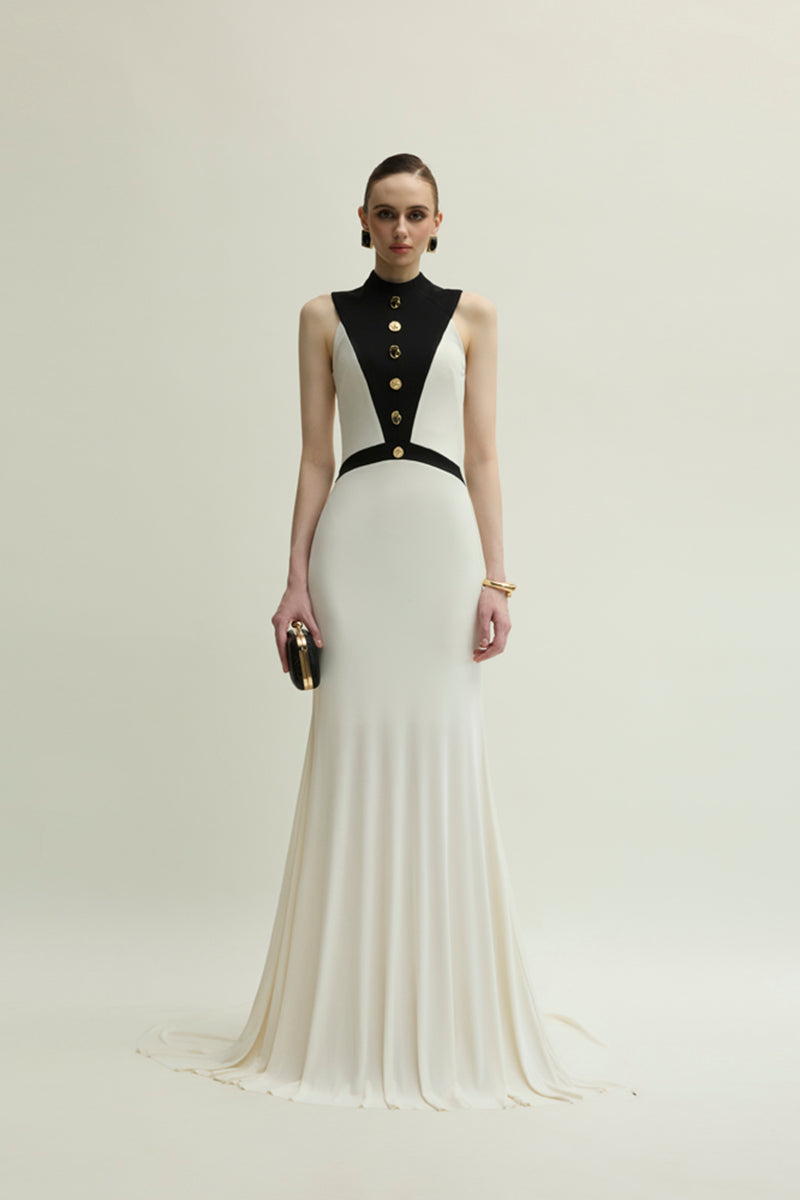 Jenny K Tran Aster dress in ivory and black, elegant gown with flowing fabric and intricate design, perfect for formal occasions.