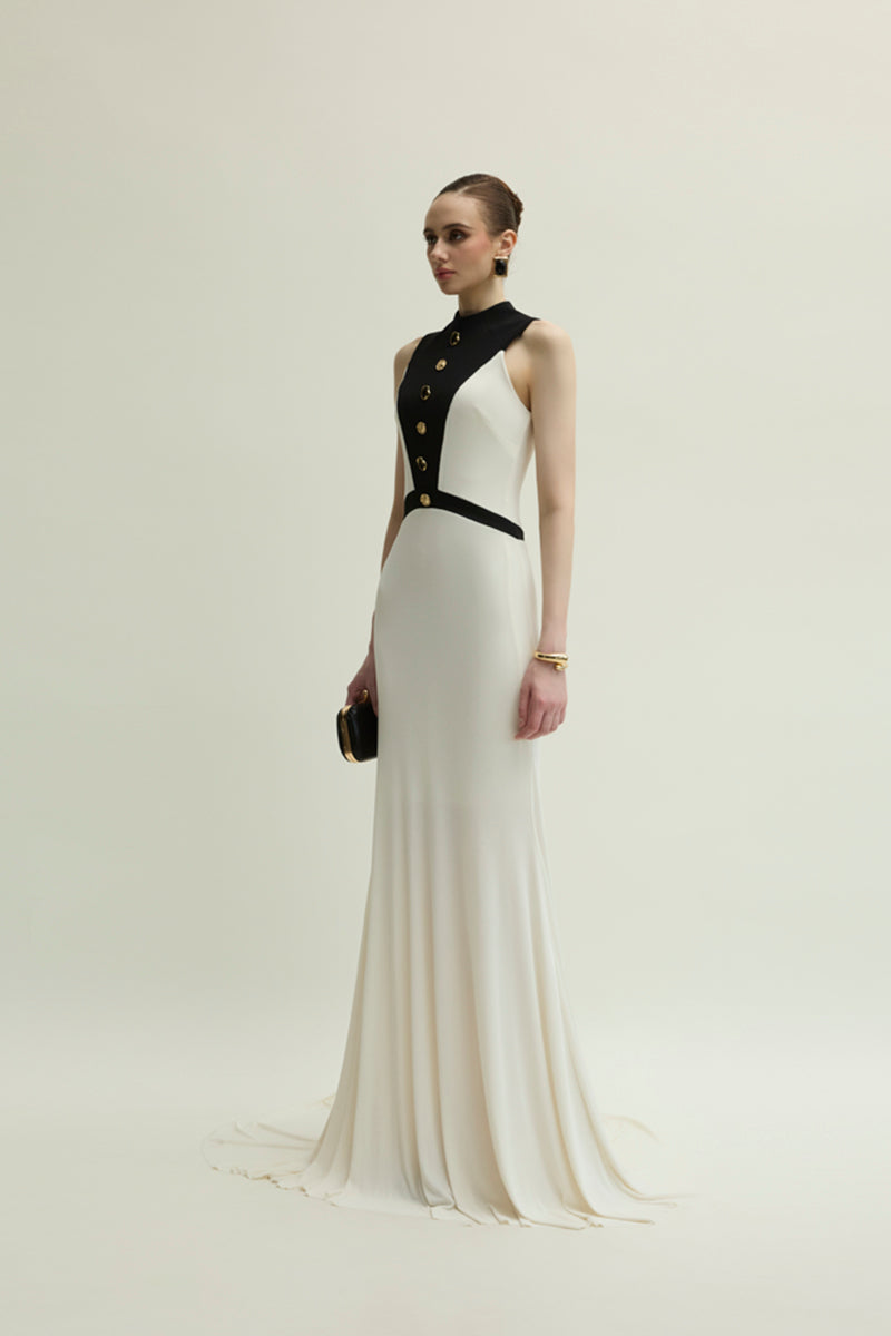 Jenny K Tran Aster gown in ivory and black, flowing dress with elegant design and intricate details, perfect for formal occasions.