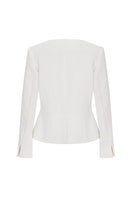 Tagg asymmetrical cropped jacket featuring a stylish, modern design with unique hemline and tailored fit, shown on a model.