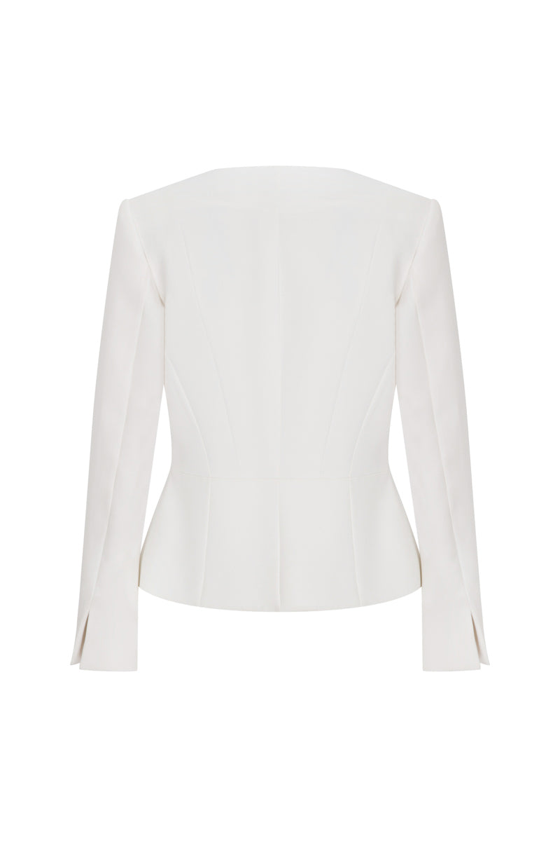 Tagg asymmetrical cropped jacket featuring a stylish, modern design with unique hemline and tailored fit, shown on a model.