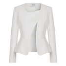 Tagg asymmetrical cropped jacket with a modern design, featuring uneven hem and stylish fit, shown in a close-up shot.