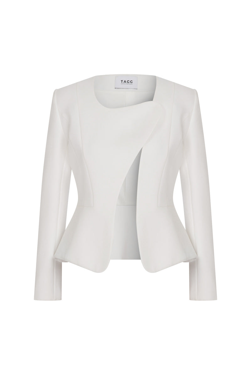 Tagg asymmetrical cropped jacket with a modern design, featuring uneven hem and stylish fit, shown in a close-up shot.