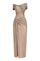Hacchic Couture nude off-shoulder midi dress displayed on a hanger, showcasing elegant neckline and flowing fabric.