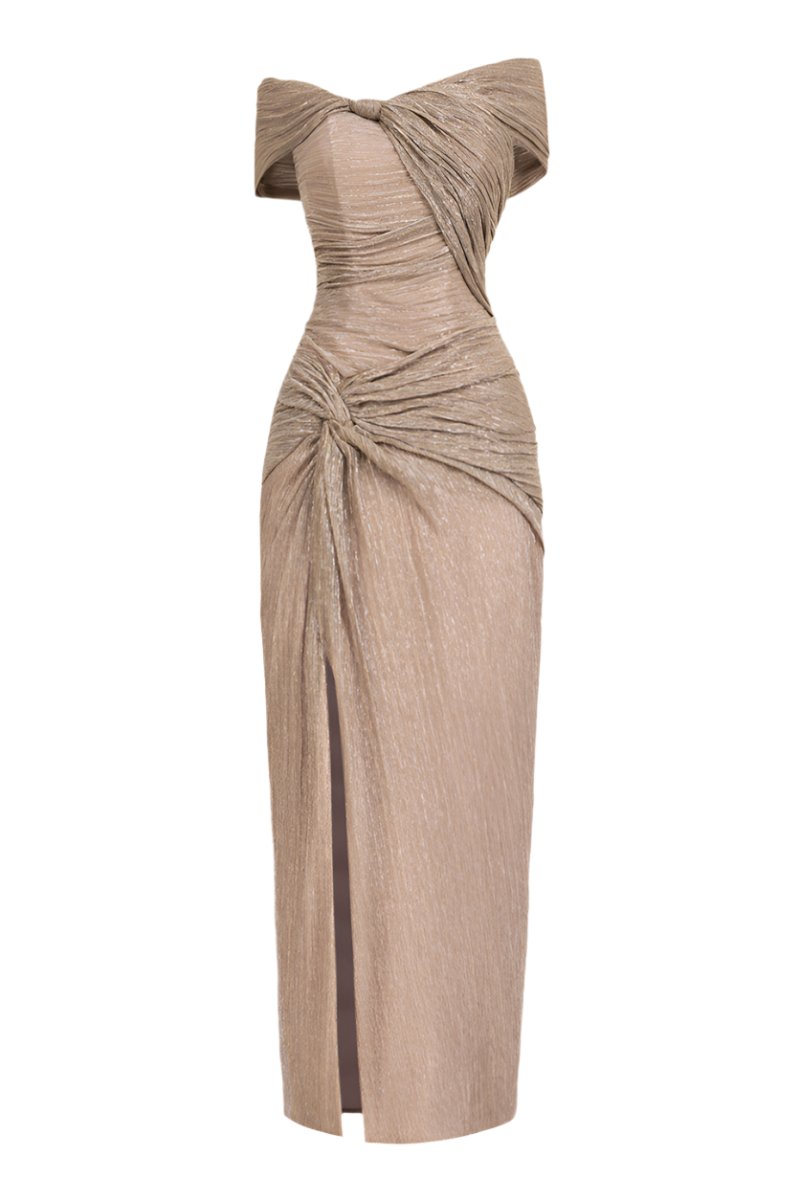 Hacchic Couture nude off-shoulder midi dress displayed on a hanger, showcasing elegant neckline and flowing fabric.
