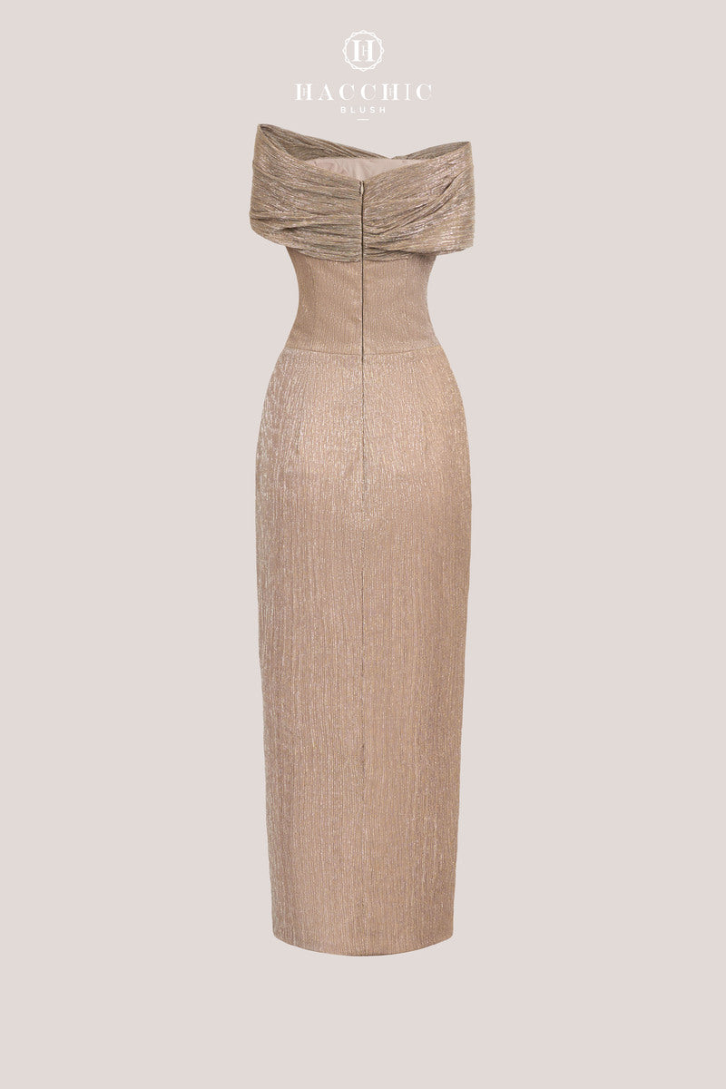 OFF SHOULDER MIDI DRESS IN NUDE | CULT MIA | HACCHIC COUTURE OFF SHOULDER MIDI DRESS IN NUDE | CULT MIA | HACCHIC COUTURE