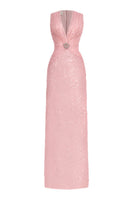Pink sequin long gown by HACCHIC COUTURE, featuring a flowing silhouette and intricate sequin detailing.