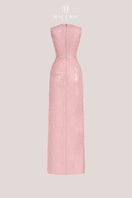 Hacchic Couture pink sequin long gown, elegant evening dress with shimmering embellishments and flowing silhouette.