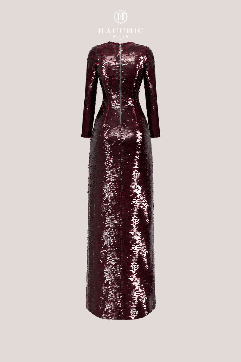 LONG SLEEVE SEQUIN FLOWER LONG DRESS - CULT MIA