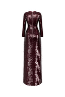 HACCHIC COUTURE long sleeve sequined flower gown with intricate floral sequin design and elegant flowing silhouette.