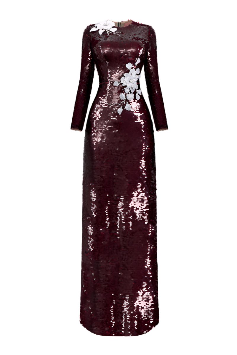 LONG SLEEVE SEQUIN FLOWER LONG DRESS - CULT MIA