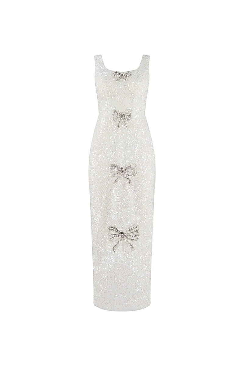 SCOOP NECK IVORY SEQUIN MIDI DRESS WITH BOWS