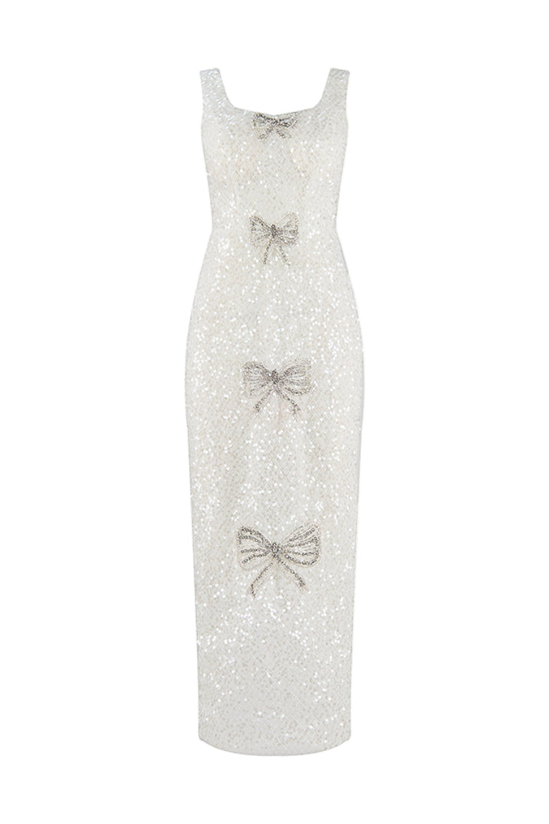 SCOOP NECK IVORY SEQUIN MIDI DRESS WITH BOWS | CULT MIA | HACCHIC COUTURE SCOOP NECK IVORY SEQUIN MIDI DRESS WITH BOWS | CULT MIA | HACCHIC COUTURE