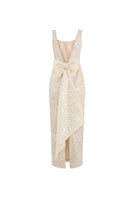 Ivory sequin scoop neck gown by HACCHIC COUTURE, featuring elegant drape and intricate sequin details, perfect for formal occasions.
