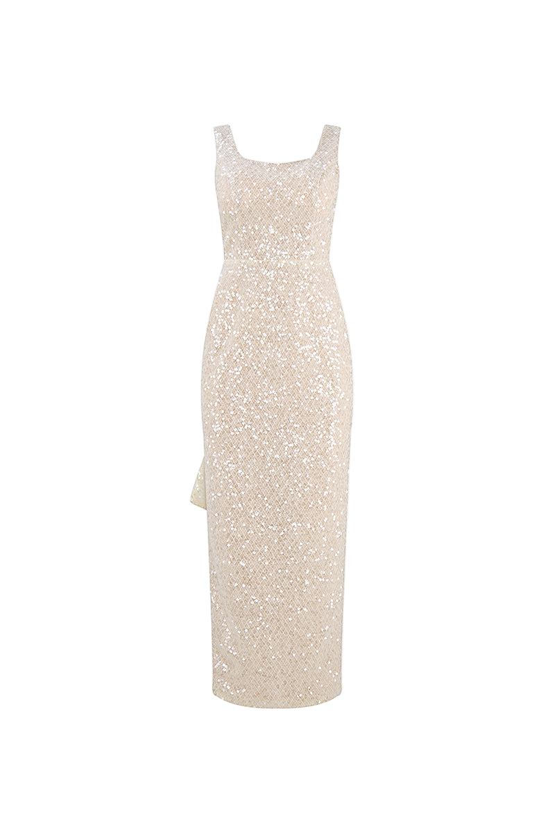 SCOOP NECK IVORY SEQUIN MIDI DRESS