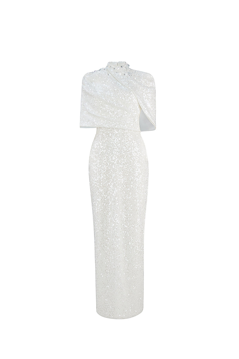HIGH NECK DRAPED SEQUIN GOWN WITH EMBELLISHED COLLAR