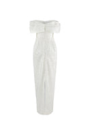 Elegant ivory off-shoulder gown with draped design and sequins from HACCHIC COUTURE, showcasing its glamorous style.