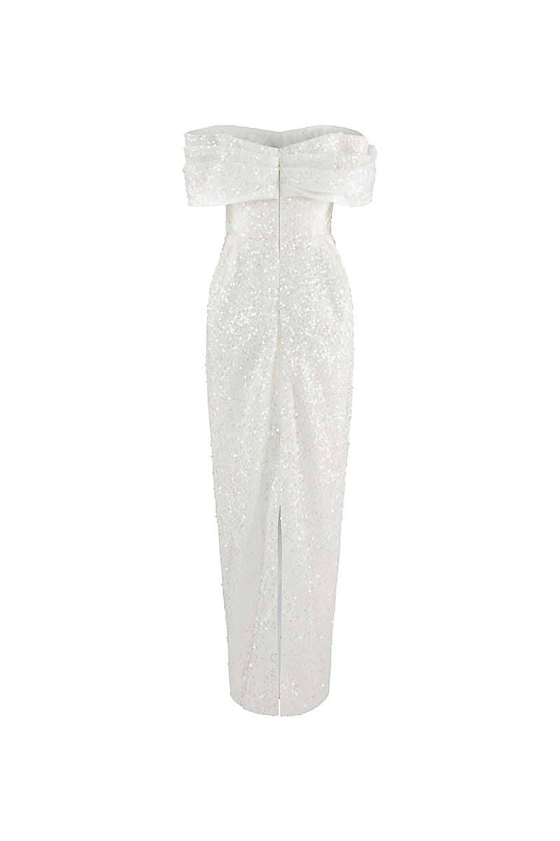 Elegant ivory off-shoulder gown with draped design and sequins from HACCHIC COUTURE, showcasing its glamorous style.