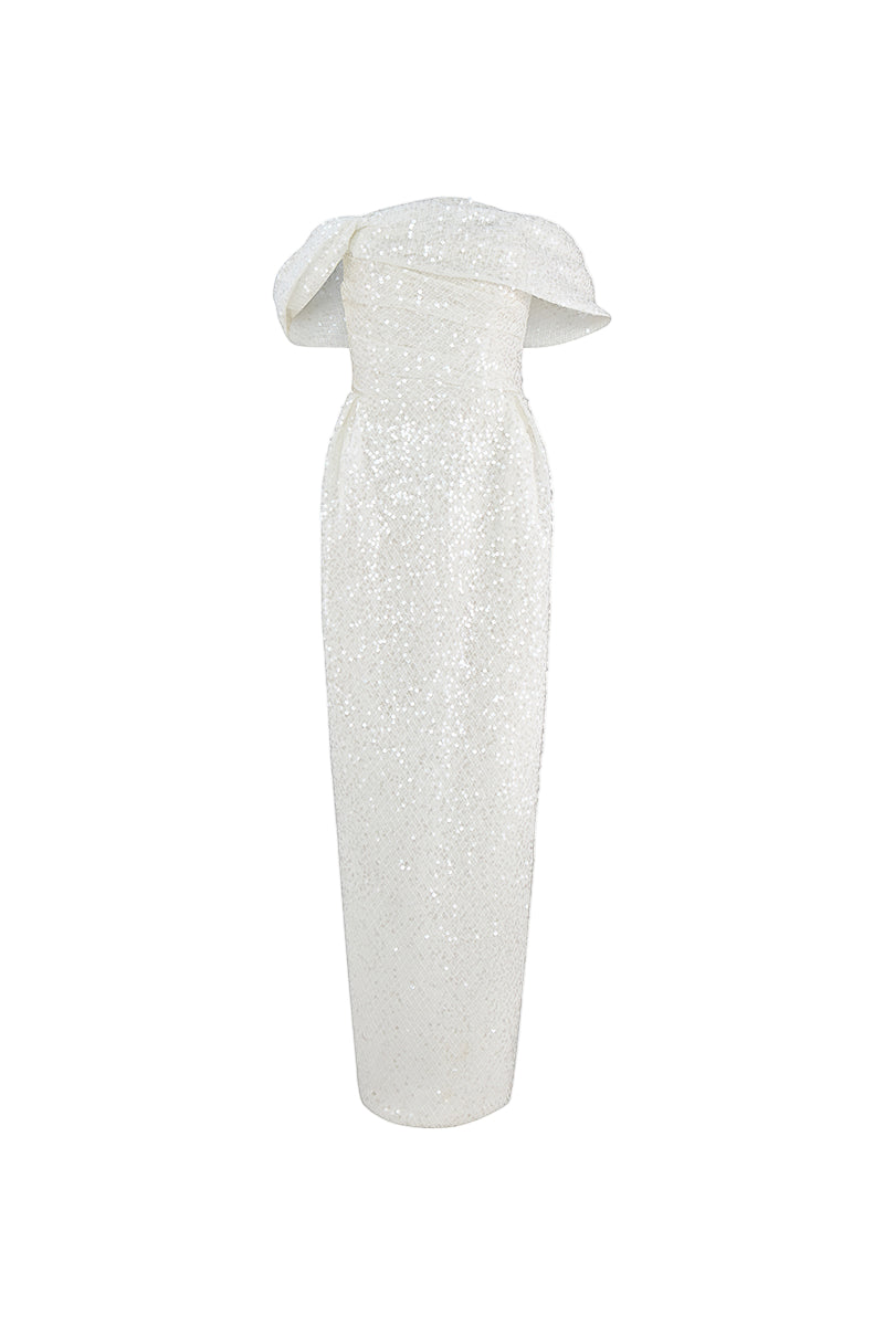 OFF-SHOULDER DRAPE IVORY SEQUIN GOWN