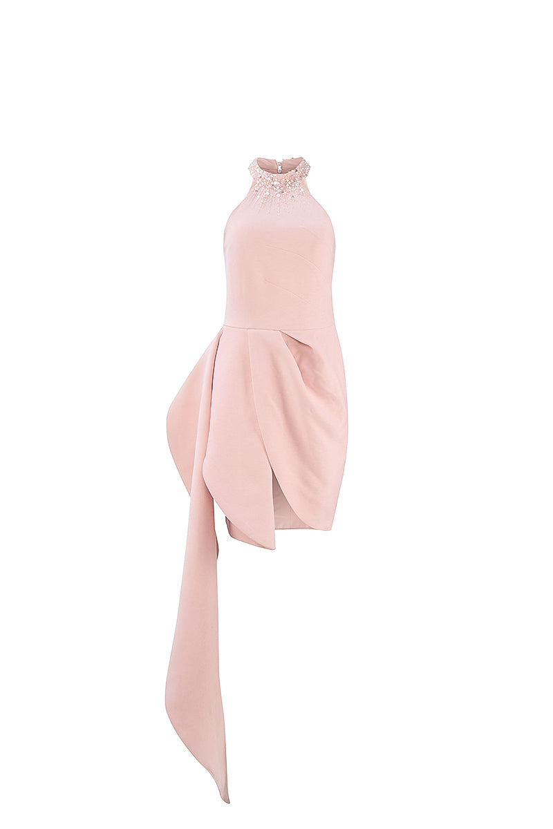 HIGH NECK DRAPED PINK MINI DRESS