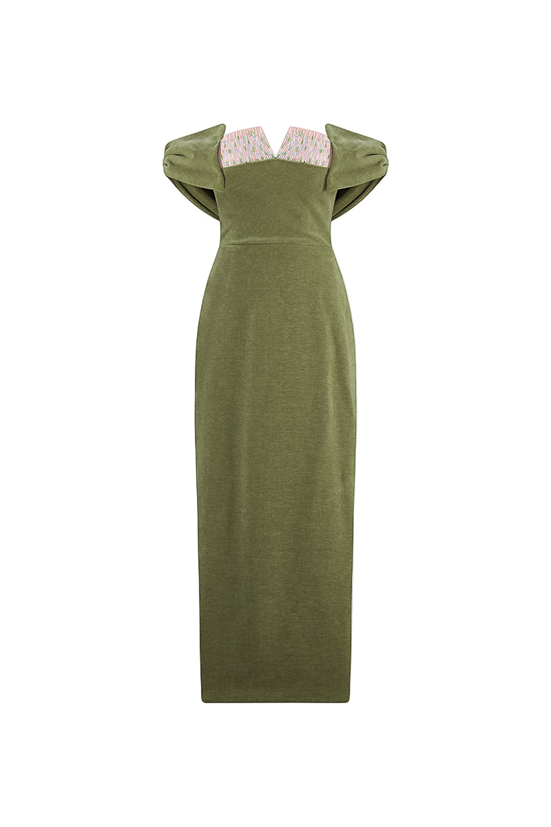 OFF-SHOULDER MIDI DRESS WITH EMBELLISHED INNER BODICE