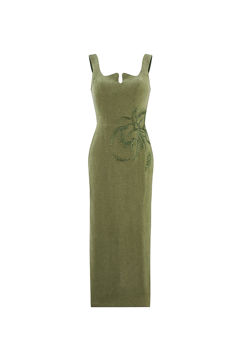 CURVED NECK OLIVE GREEN VELVET MIDI DRESS