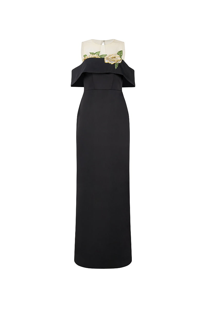 BLACK GOWN WITH SHEER FLORAL EMBROIDERED BODICE