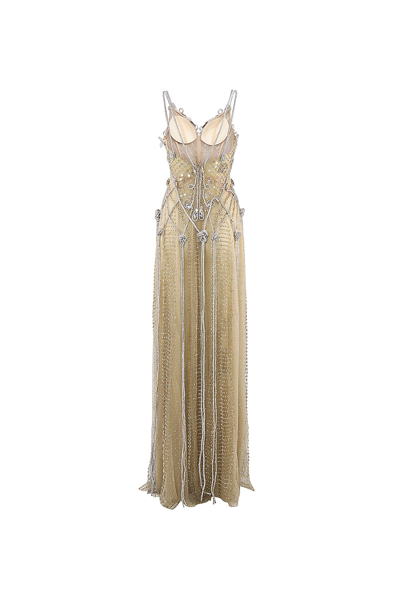 beige beaded dress Beige Flower Beaded Maxi Dress L