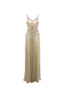 Beige spaghetti strap embroidered gown with beaded tulle skirt by HACCHIC COUTURE, elegant evening dress with intricate detailing.