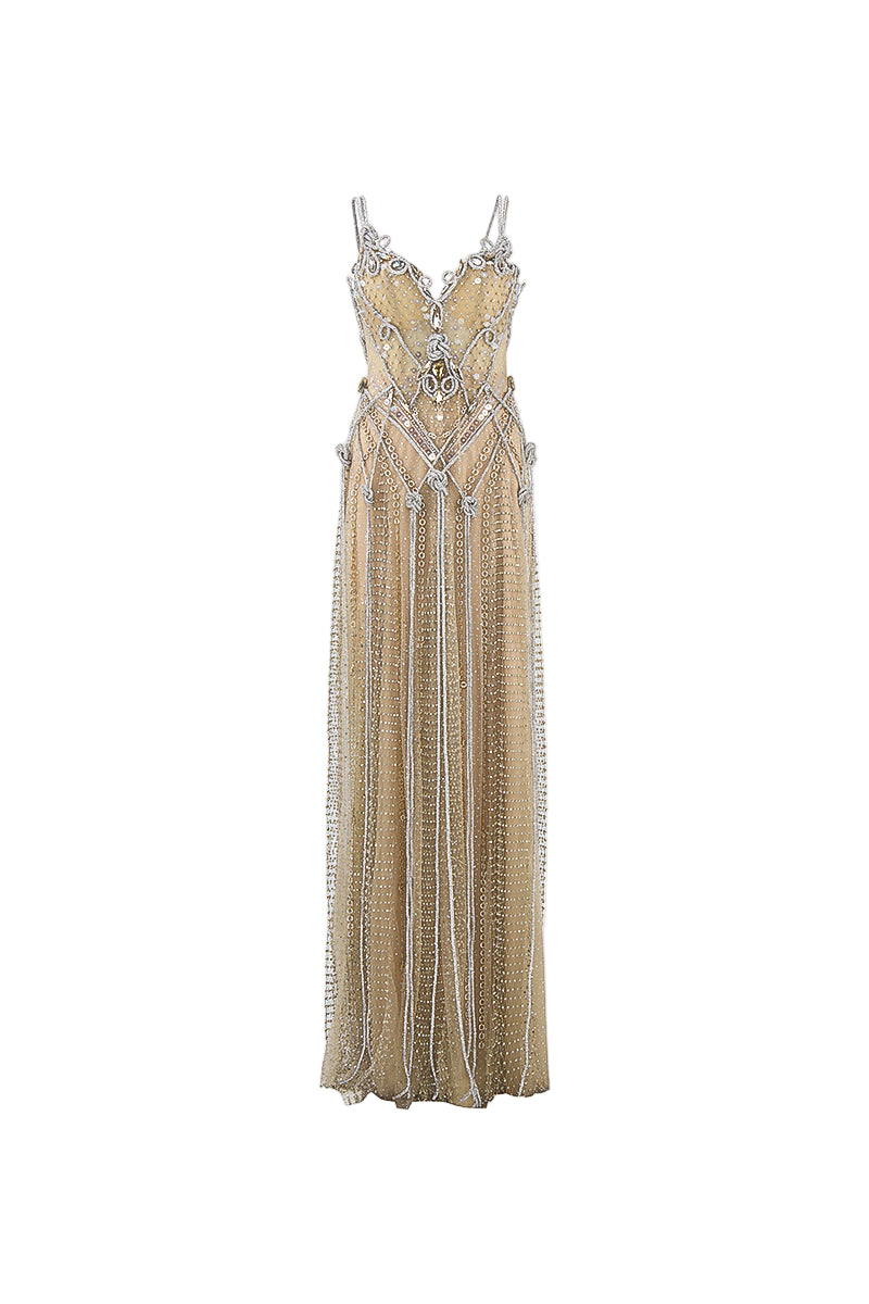 SPAGHETTI STRAP EMBROIDERED BEIGE GOWN WITH BEADED TULLE SKIRT