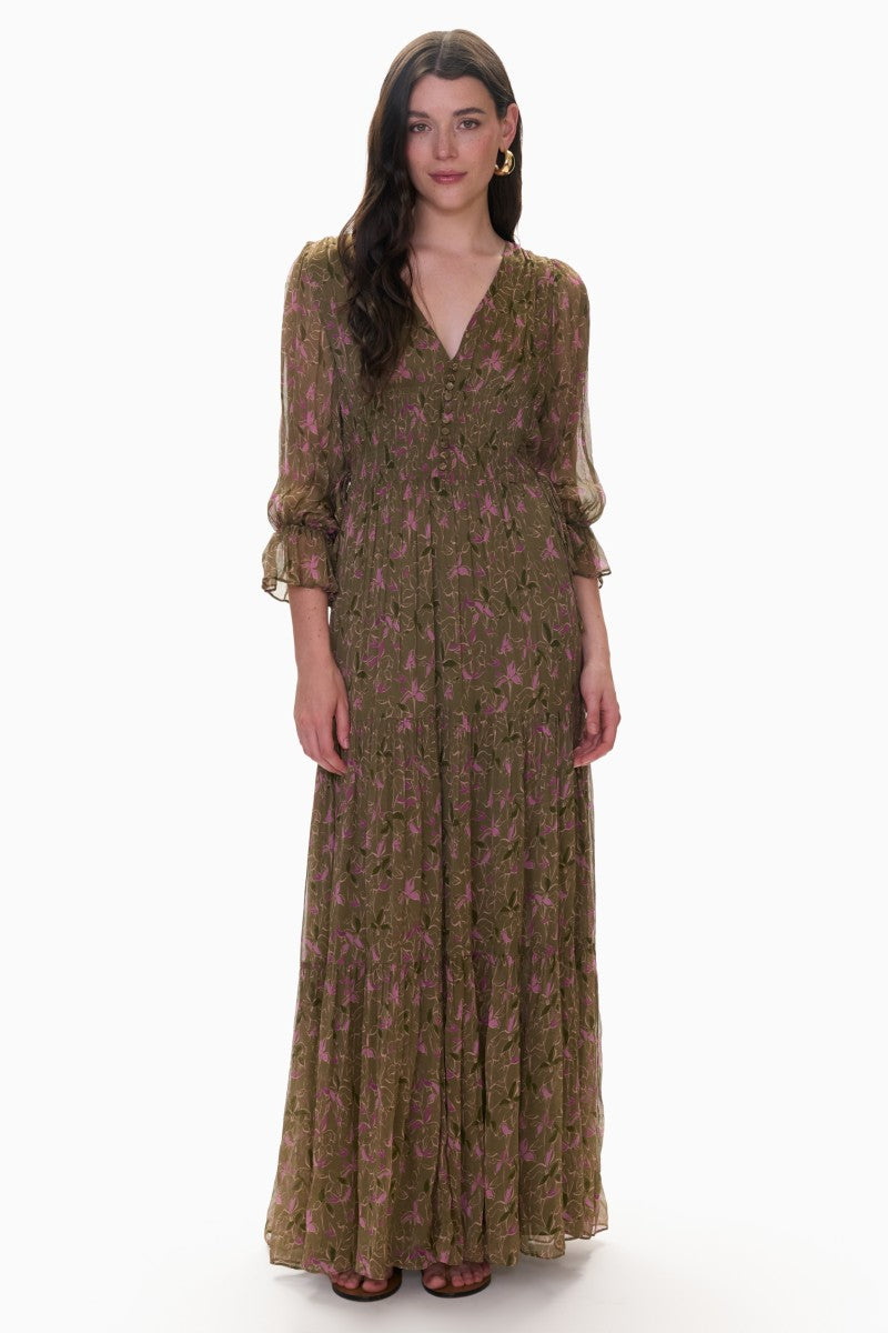 Rebecca Taylor Audrey Smock Maxi Dress in olive and multi-color floral print, flowing sleeveless design with ruffled details.