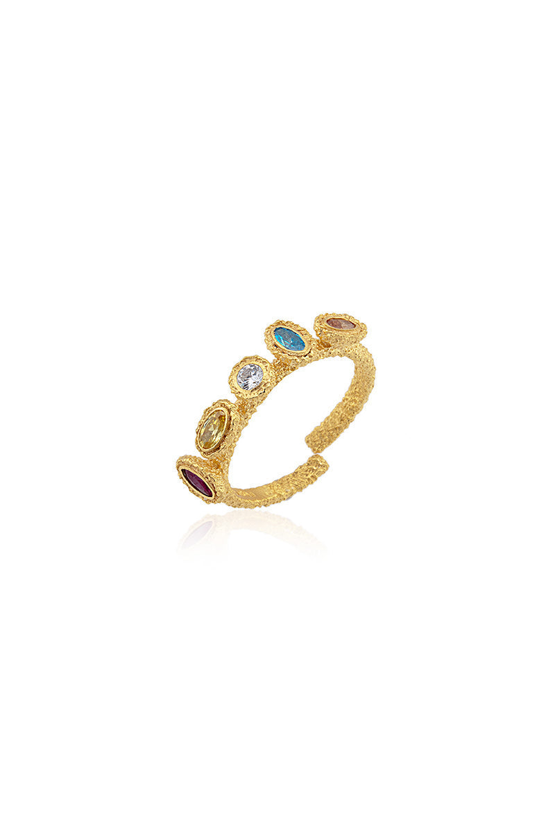 Peracas Aurora Ring in multiple colors, featuring a sleek, modern ring design with vibrant gemstone accents.