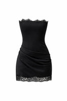 Black AVIRA mini dress by URBAN MUSE, showcased on a hanger with a fitted silhouette and stylish design.
