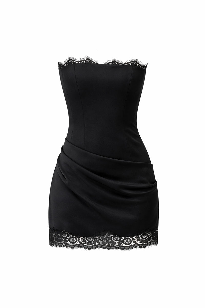 Black AVIRA mini dress by URBAN MUSE, showcased on a hanger with a fitted silhouette and stylish design.