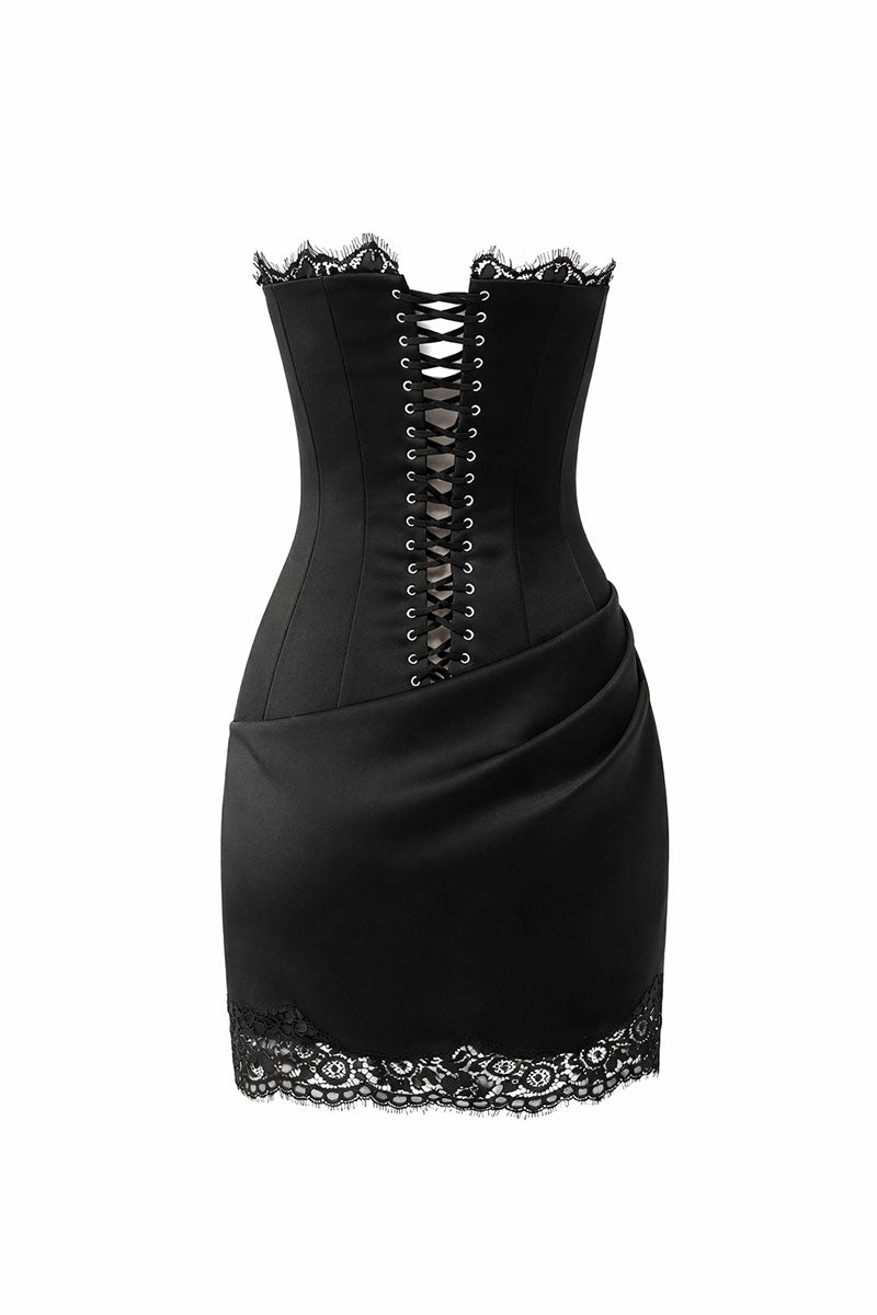 Black AVIRA mini dress by URBAN MUSE featuring a fitted silhouette and stylish design, displayed on a dress form.
