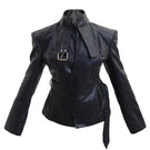 Black faux leather belt and neck blazer by Blikvanger featuring sleek design and tailored fit, displayed on a hanger.