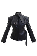 Black faux leather belt and neck blazer by Blikvanger featuring sleek design and tailored fit, displayed on a hanger.