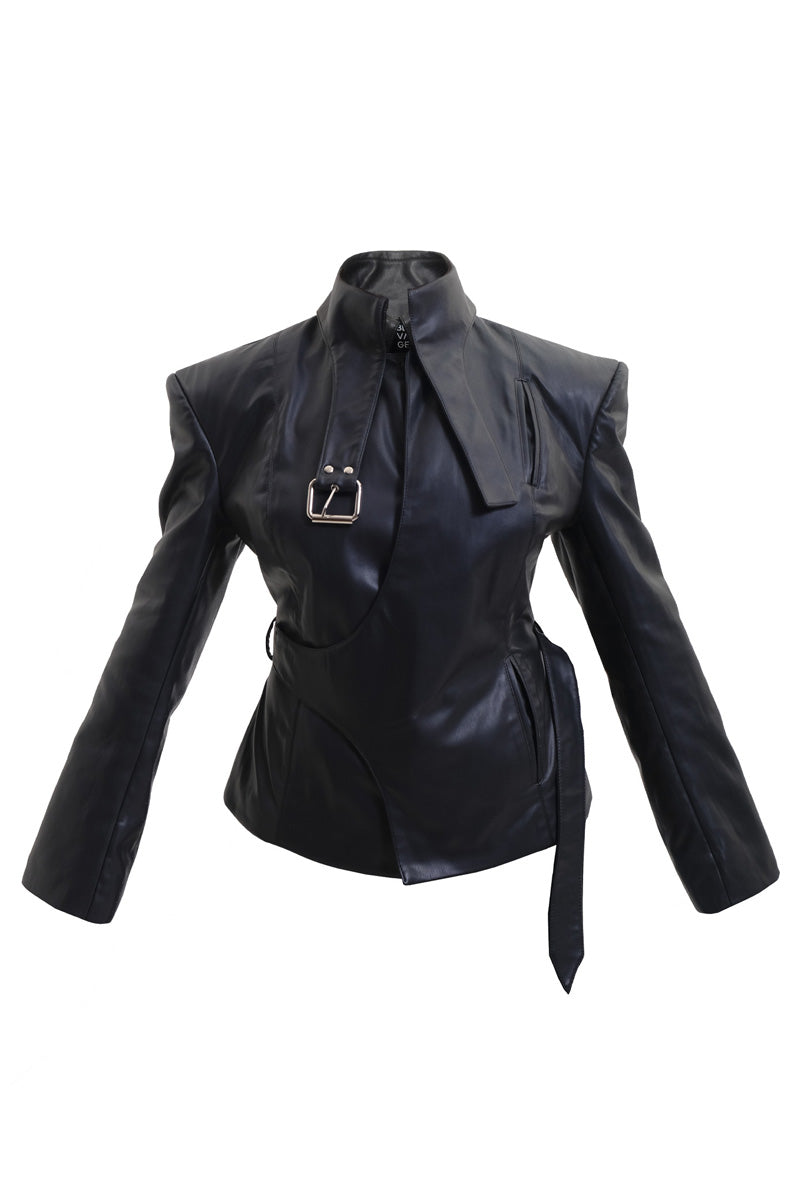 Black faux leather belt and neck blazer by Blikvanger featuring sleek design and tailored fit, displayed on a hanger.