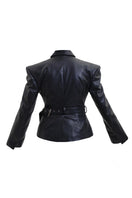 Black blazer with faux leather belt from Blikvanger, featuring a sleek, tailored design and classic lapel collar.