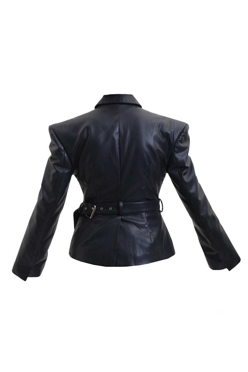 Black blazer with faux leather belt from Blikvanger, featuring a sleek, tailored design and classic lapel collar.