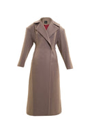 Long hazelnut beige coat by Blikvanger, stylish outerwear with a tailored fit and classic collar, displayed on a hanger.